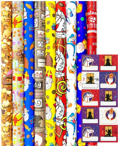 Sinterklaas Cadeaupapier - assortiment Sinterklaaspapier Inpakpapier inc. 20 Naamstickers - 300 x 70 cm - 5 rollen