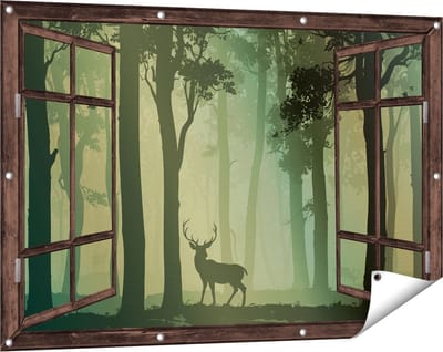 Gards Tuinposter Doorkijk Hert in het Bos - Silhouet - 120x80 cm - Tuindoek - Tuindecoratie - Wanddecoratie buiten - Tuinschilderij