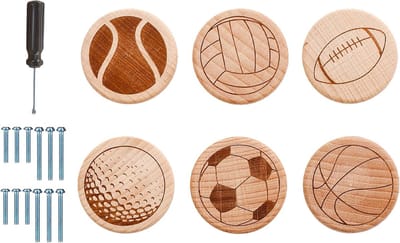 Set van 6 Sportieve Meubelknoppen met Balontwerp, Perfect voor Jongens- en Tienerkamers, 3.5 cm x 2.8 cm, Inclusief Schroeven en Eenvoudige Montage