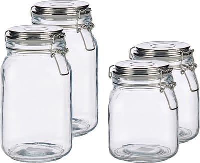 Set van 4x stuks luxe keuken voorraadpotten met klepdeksel zilver 1000 en 1500 ml - Voordeelset