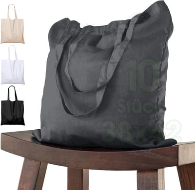 Famanu - Katoenen tas lang handvat (10 stuks in 38x42) – DONKERGRIJZE ÖKO-TEX ® geteste KWALITEIT GOEDEREN, draagtas, jute tas, stoffen tas, boodschappentas, tas 100% katoen