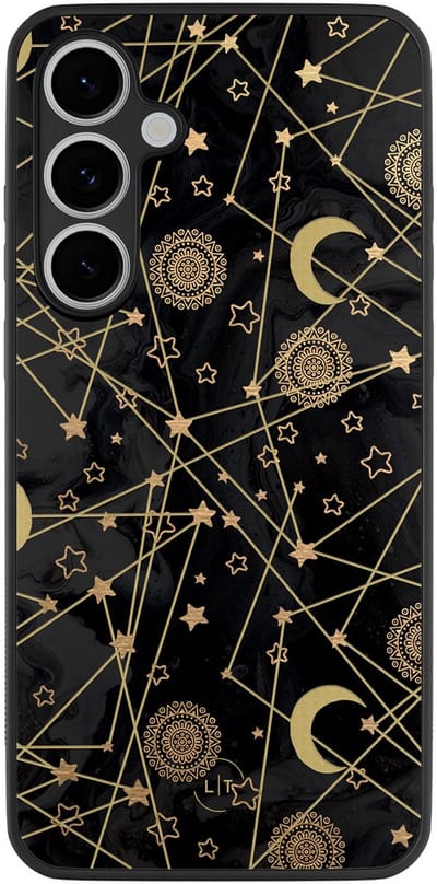 Leuke Telefoonhoesjes - Hoesje geschikt voor Samsung Galaxy S24 FE - Sterren, zon, maan - Backcover zwart - Print / Illustratie - Zwart, Goud
