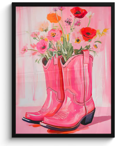 Poster in lijst - Fotolijst 50x70 cm - Posters - Roze - Bloemen - Cowboy - Posterlijst zwart - Decoratie - Wanddecoratie woonkamer - Muurdecoratie slaapkamer