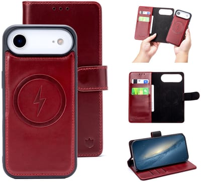 Casemania Echt Leren Hoesje Geschikt voor Apple iPhone 17 Air - Maroon Red - Geschikt voor MagSafe - Leer 2 in 1 Magnetisch Afneembare Book Case - Portemonnee Telefoonhoesje met Pasjeshouder