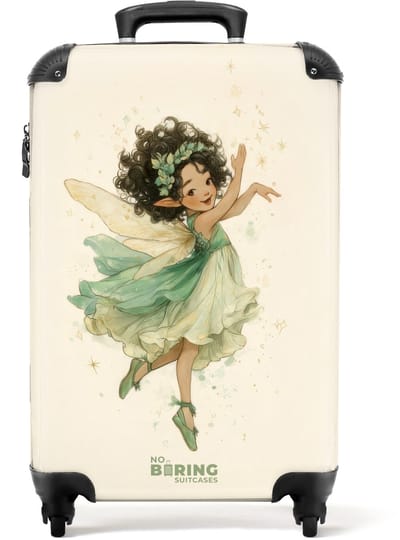 NoBoringSuitcases.com - Koffer - Elf met donkere krullen en een groene jurk - Past binnen 55x40x20 cm en 55x35x25 cm - Trolley handbagage - Valiezen met wieltjes volwassenen - Reiskoffer op wielen - Rolkoffer lichtgewicht