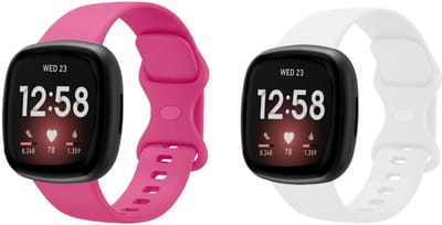 Strap-it Bundel – 2x Siliconen Horlogebandjes geschikt voor Fitbit Versa 3/4 & Sense/Sense 2 (Knalroze & Wit, Maat L)