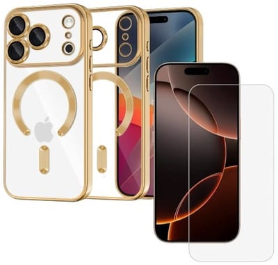 Backcover hoesje Geschikt voor: iPhone 17 Pro - met geïntegreerde Camera lens bescherming + 1x Screen protector [magnetische hoes] compatibel met MagSafe Dames Heren - Goud