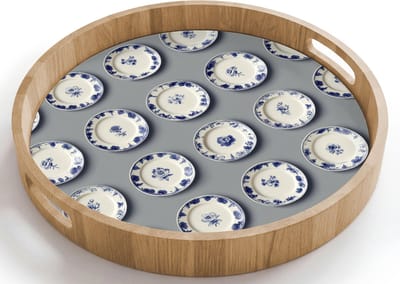 Dienblad rond 40x40 cm - Schootdienblad hout - Borden - Bloemen - Blauw - Wit - Borrelplank rechthoek - Plateau houten dienbladen