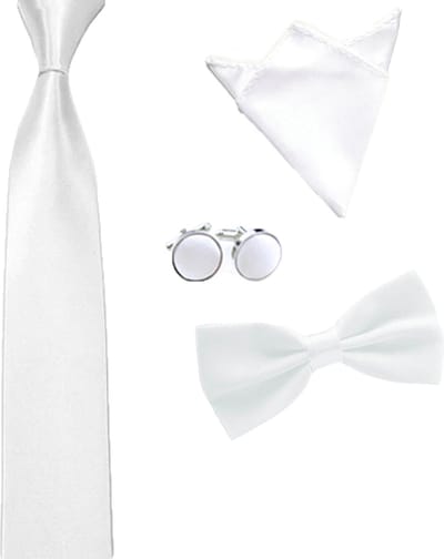 Luxe set stropdas inclusief vlinderstrik pochette en manchetknopen - Wit - strik - strikje - vlinderdas - pochet - heren - Cadeau