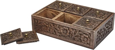 Houten Sieraden Doos - Opbergdoosje Aandenken - Sieraden Organiseren - Handgesneden Bloemenpatroon - 23 x 15 x 6 cm - Walnoot