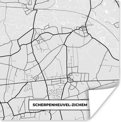 Poster Stadskaart – Plattegrond – België – Zwart Wit – Scherpenheuvel Zichem – Kaart - 100x100 cm XXL