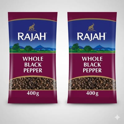 Rajah Hele Zwarte Peperkorrels 2 X 400 g – Premium Piper Nigrum, Intens Aromatisch & Pittig, Ideaal voor Pepermolen, Koken, Grillen, Marinades, Vlees-, Vis- en Groentegerechten met Kajal Sticker