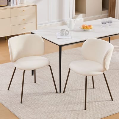 Eetkamerstoelen - Set Van 2 - Eettafelstoel - Gestoffeerde eetkamerstoel - Eetkamerstoelen - Met rugleuning - Gebogen rugleuning - Chenille - Metalen stoelpoten - Modern Design - Crèmekleurig