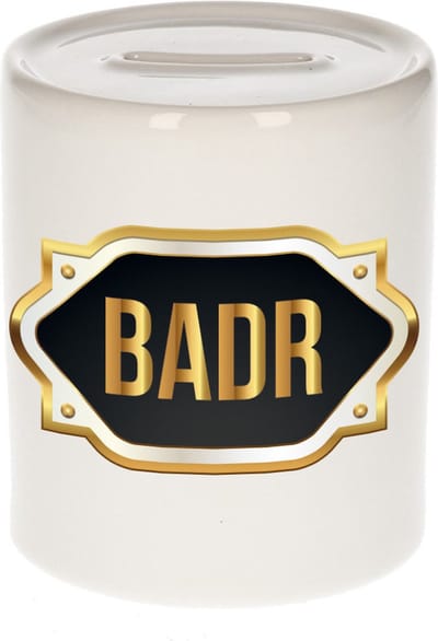 Spaarpot met voornaam Badr - wit - met goud/zwart embleem - 8 x 9 cm - keramiek - met afsluitdop - cadeau verjaardag