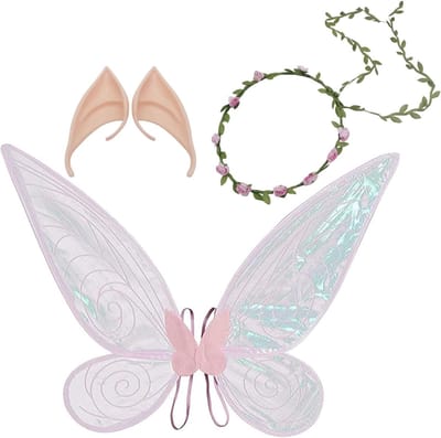 Betoverende Feestelijke Vleugels voor Volwassenen en Kinderen met Bloemen Haarband, Elf Oren en Sieraden voor Kostuums