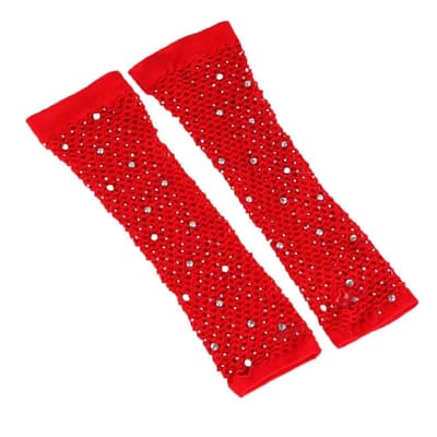 Gants pour femmes à strass et perles Gants en résille élastique Gants de soirée Clubbing Rétro Sexy Punk Gothique Gants longs de mariage One Size red