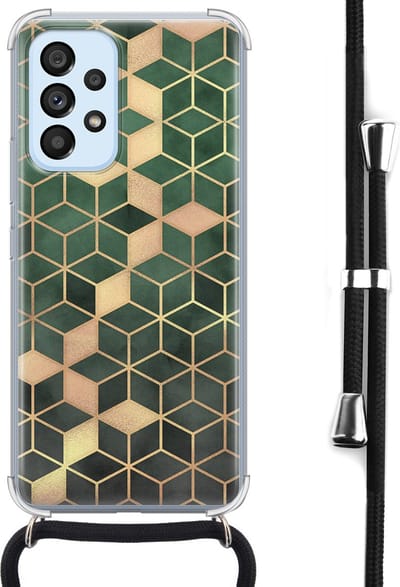 Hoesje met koord - Geschikt voor Samsung Galaxy A53 - Groen kubus - Verstelbaar zwart koord - Crossbody - Print / Illustratie - Transparant, Groen - Leuke Telefoonhoesjes
