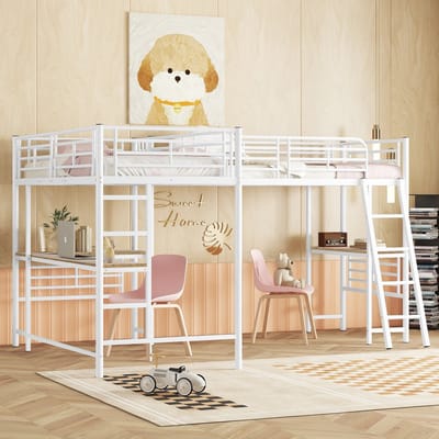 STILVORA Hoogslaper 90x200cm – Bed Met Bureau Onderin – Dubbele Trap – Hoog Veiligheidshek – Voor Kinderkamer – Metaal En MDF – Zonder Matras – Wit