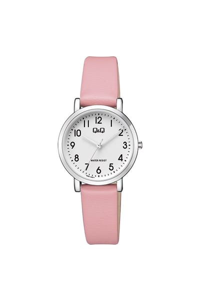 Q&Q Q58A-006PY - Horloge - Analoog - Vrouwen - Dames - Leren band - Rond - Metaal - Cijfers - Roze - Zilverkleurig - Wit - 3ATM