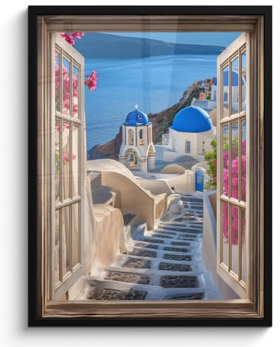 Poster in lijst - Fotolijst 50x70 cm - Posters - Doorkijk - Santorini - Landschap - Blauw - Grieks - Posterlijst zwart - Decoratie - Wanddecoratie woonkamer - Muurdecoratie slaapkamer