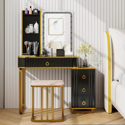 Luxe LED Make-uptafel met Kruk en 4 Laden – 80x40x137 cm – RGB Verlichte Spiegel, Draadloos Opladen en USB-Poort – Novihome