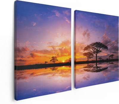 Artaza Canvas Schilderij Tweeluik Silhouet Van Bomen Tijdens Zonsondergang - 120x80 - Foto Op Canvas - Canvas Print