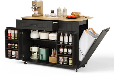 Keukeneiland op Wielen - Mobiele Keukentrolley met Klaptafel - Verborgen Prullenbak & Kast - Zwart MDF