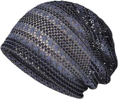 Handgehaakte Slouchy Zomermuts voor Dames - Lichtgewicht Gehaakte Mutsen - Vintage Gebreide Hoed - Lente/Zomer Zwart-blauwe colorblock