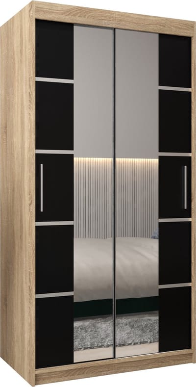 InspireMe - Kledingkast met 2 schuifdeuren, Modern-stijl, Kledingkast met planken (BxHxD): 100x200x62 - VENTILA IV 100 Sonoma Eik + Zwart Mat