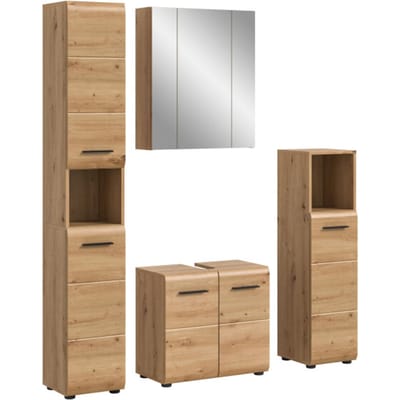 Moderne badcombinatie in zwart en eiken - 4-delige set met hoge kast en spiegelkast - 150x185x30cm