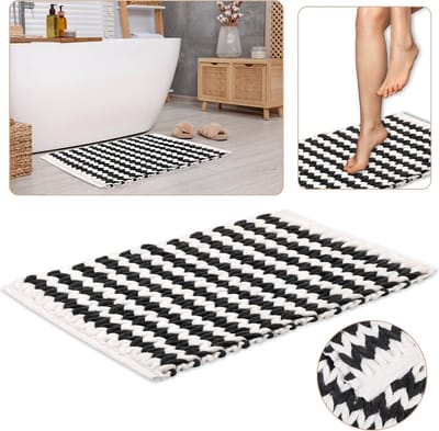 Grijs met witte gevlochten badkamermat/mat 50x80 cm - absorberende pluche microvezel, hoog gramsgewicht