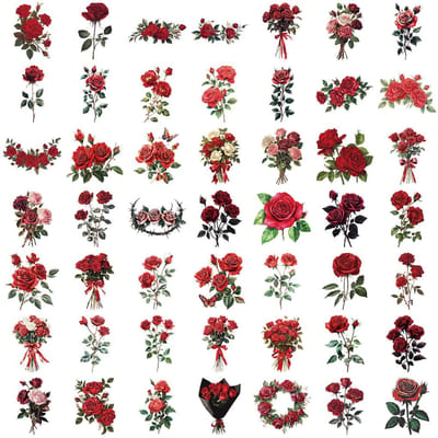 Lot de 50 Autocollants Transparents Rose Rouge Vintage Imperméables PET Clair pour Scrapbook Guitare Carnet Décoration Magasin RecordingYourLife