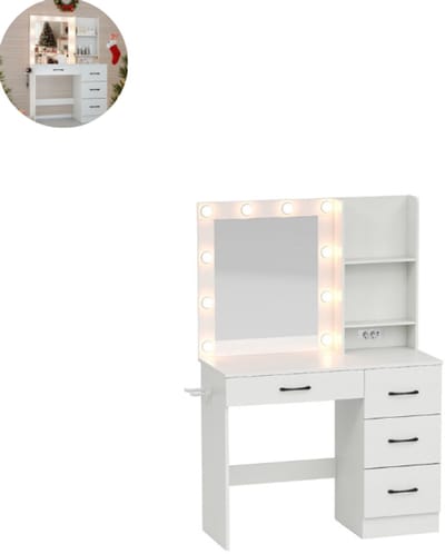 Kaptafel met spiegel en verlichting - Make up tafel - Make up - Toilettafel -Met lades - Kaptafels - Met kast - Wit