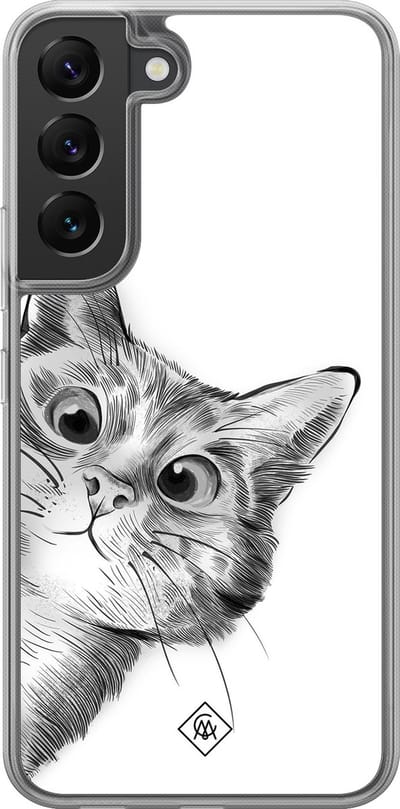 Casimoda® hoesje - Geschikt voor Samsung Galaxy S22 - Kat Kiekeboe - 2-in-1 case - Schokbestendig - Illustratie - Verhoogde randen - Wit, Transparant