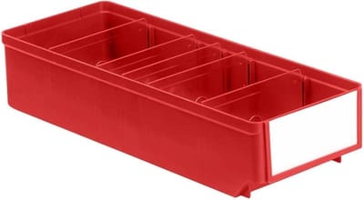 Stellingbak,magazijnbak, materiaalbak, onderdelenbak met de afmeting van 40 x 15,2 x 8,3 cm (LxBxH) verpakt per 15 stuks.