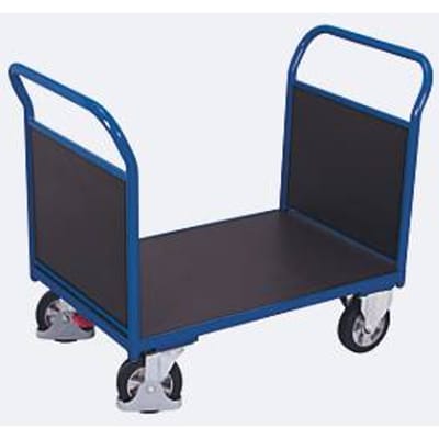 Dubbele kopwandwagen, staal/zeefdrukplaat, gentiaanblauw/donkerbruin, L 995 x B 700 mm, kopwanden van multiplex, massief rubberen wielen met EasySTOP, 1000 kg