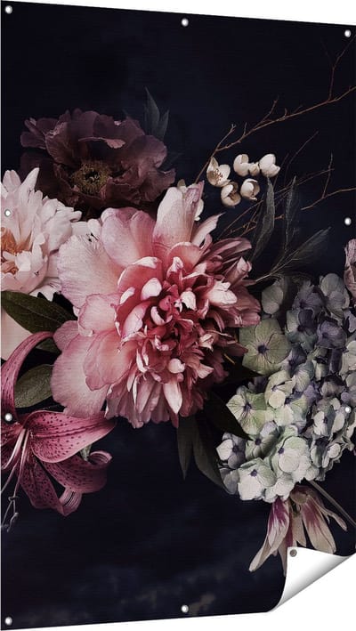 Gards Tuinposter Diverse Bloemen op Zwart Achtergrond - 100x150 cm - Tuindoek - Tuindecoratie - Wanddecoratie buiten - Tuinschilderij
