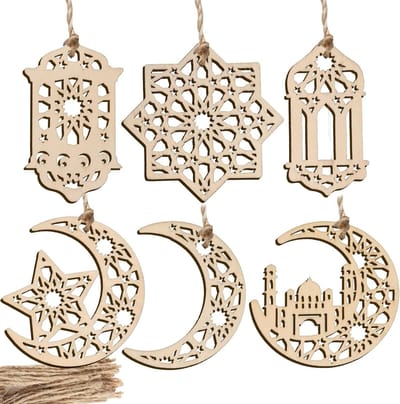 24-delige houten decoratie voor Eid en Ramadan met maan, ster en kasteelvorm - Hangdecoratie voor thuis en feestelijke gelegenheden