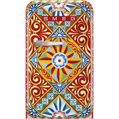 SMEG Koelkast Retro Vrijstaande ijskast Koelkast, Jaren 50, Divina Cucina, Enkeldeurs, Vrijstaand , Positie scharnier: Rechts, Gedecoreerd/ Speciaal, Sicilian cart, Smeg & Dolce&Gabbana, Smeg & Dolce&Gabbana