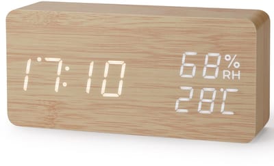 wekker van hout Digitale led-wekker 12/24 Uur Wekker,digitale tafelklok met spraakbesturing, datum,temperatuur en luchtvochtigheid ，met USB oplaadpoort(Rectangle Log kleur)