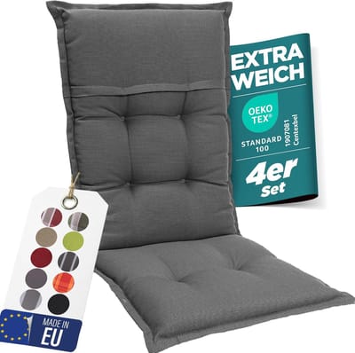 Tuinstoelkussens Hoge Rug - Dikke Zitkussens - Buiten Zitten - Gemaakt in Europa - 120x50cm Set 4 - Grijs