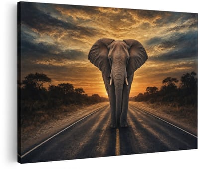 Artaza Canvas Schilderij Olifant Op De Weg - Afrika - Zonsondergang - 90x60 cm - Wanddecoratie Woonkamer - Schilderijen - Muurdecoratie