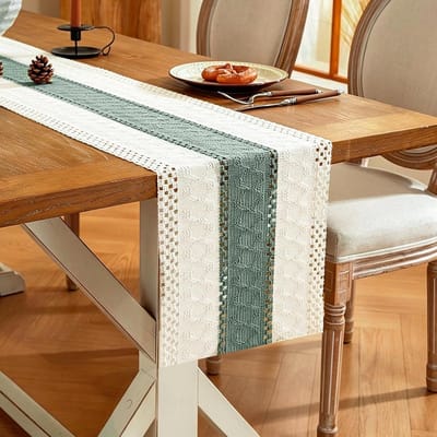 Tafelloper, boho macramé, saliegroen, katoenen linnen, modern, landelijk, voor keuken, eettafel, bruiloft, feest, decoratie, 30 x 140 cm (lichtgroen + beige, 30 x 140 cm）