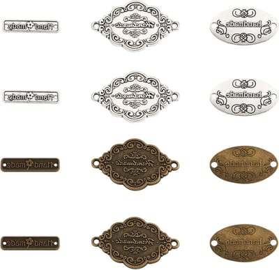 Handgemaakte metalen labels in ovale, rechthoekige en ruitvorm voor naaiprojecten, met 2 gaten voor brei- en haakwerk, vintage stijl voor creatieve ambachten