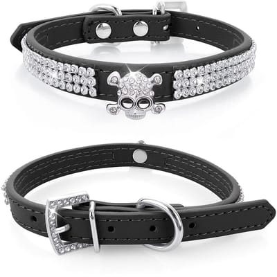 Allecto - Bling Hondenhalsband - Verstelbare PU Leren Puppy Halsband - Zwart - Kristallen Kattenhalsband - Geschikt voor Kleine Honden en Katten - ..