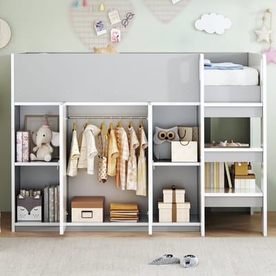 Hoogslaper 90x200cm - met opbergruimte - kledingkast en boekenplank - kinderbed met ladder - grijs - zonder matras
