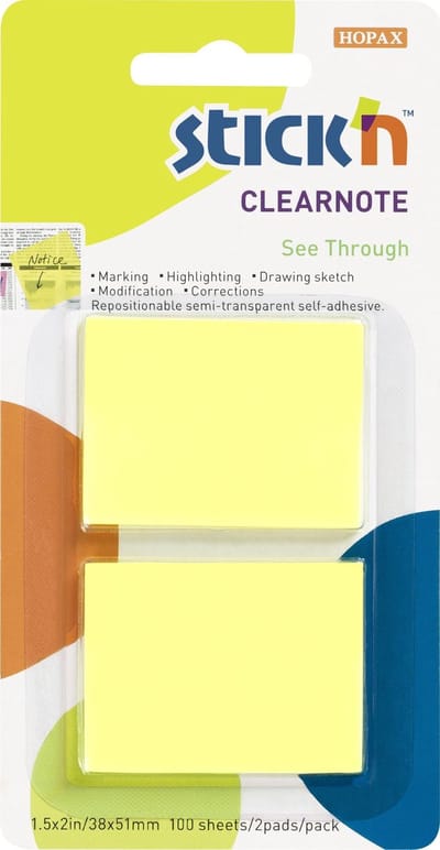 Stick'n Clear Note - Doorzichtige Sticky Note - 38x50mm - 2x 50 Memoblaadjes Geel