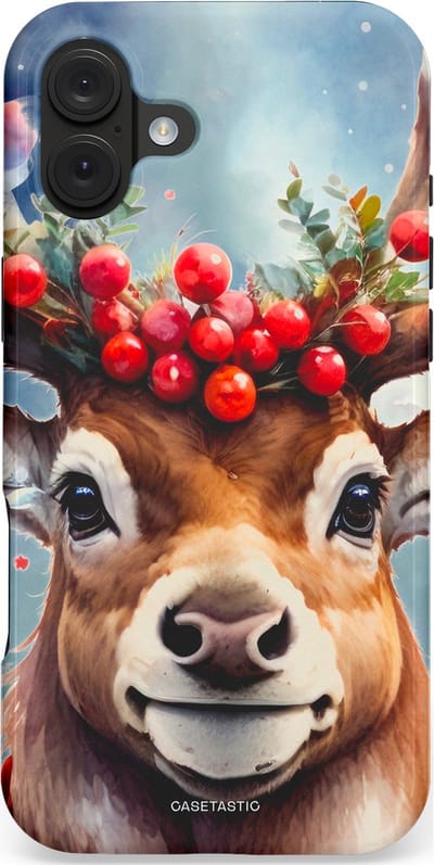 Casetastic hoesje geschikt voor Apple iPhone 16 Plus - MagSafe - Dubbellaagse bescherming - Rudolph het Kerst Rendier - Fashion Case - Zilver Taupe Donkergrijs Perzik