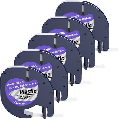 Boxstuff - Dymo LetraTag 12267 - S0721530 - Label Tape - Zwart op Transparant Plastic - 12 mm x 4 m - 5 Stuks