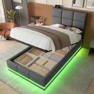 Sweiko Eenpersoonsbed - 90x200 cm - Velvet - Verstelbaar hoofdeinde - USB/Type-C - LED-verlichting - Grijs